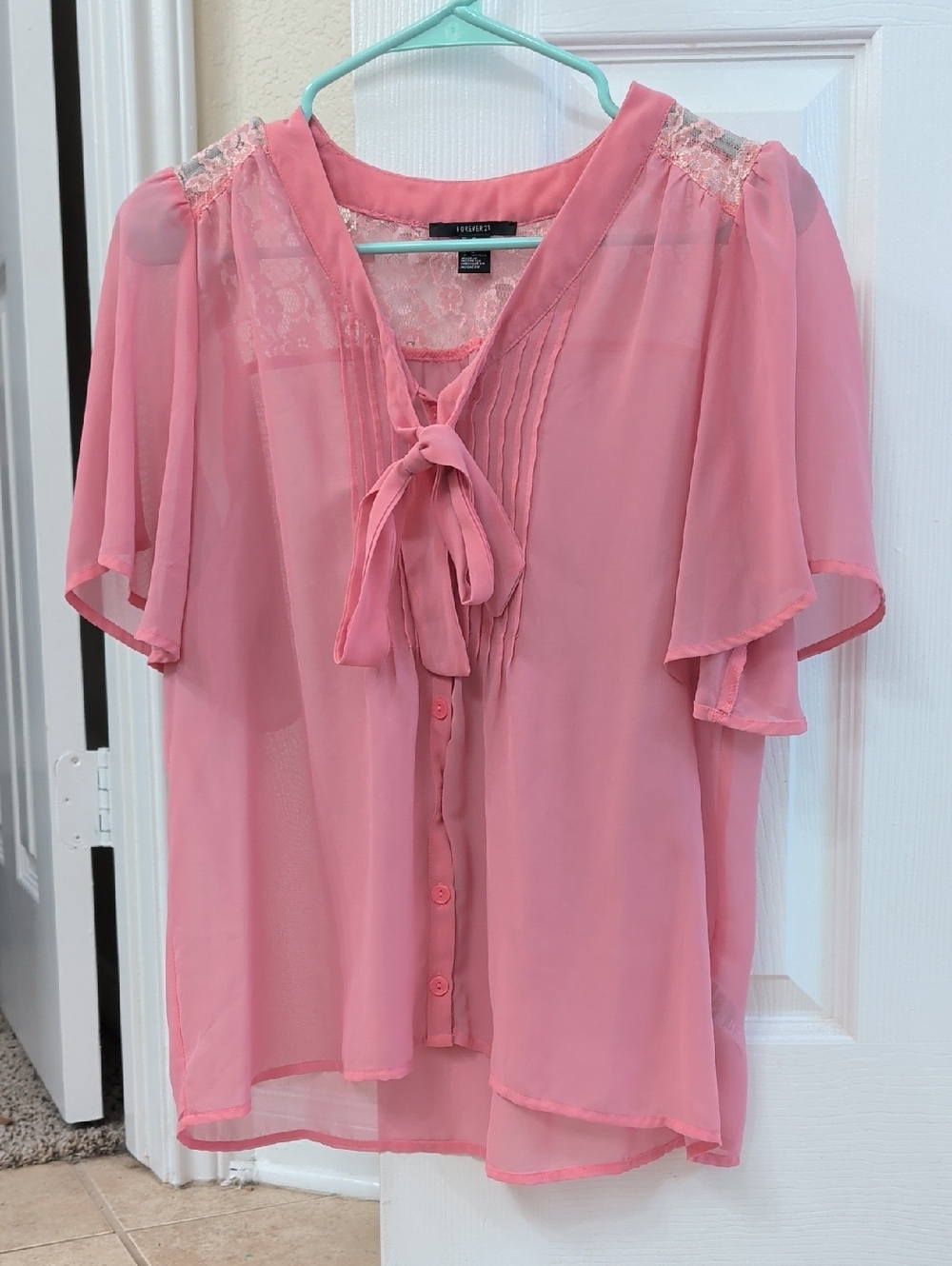 Forever 21 Rose Pink Tie-Neck Sheer Blouse
